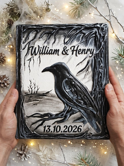 Personalized 3D Raven Wedding Guest Book | Gothic Woodland