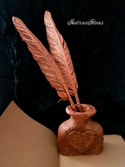Rustic, copper wedding guest book with castle. Book and set -book, feather pen and penholder
