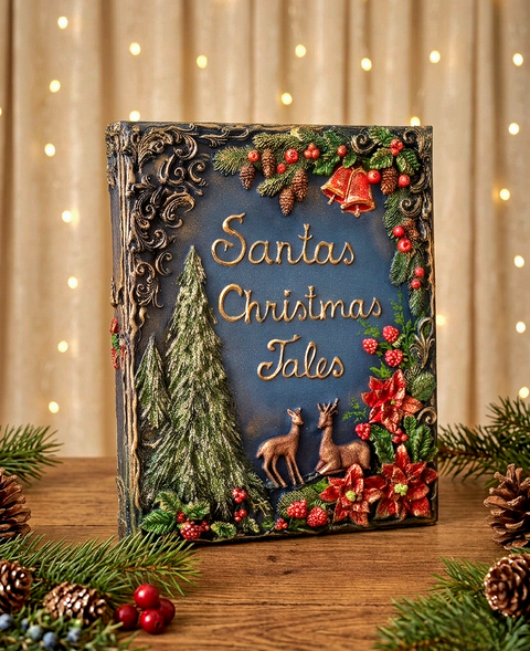 Handmade personalized 3D A decorative hardcover book titled "Santa's Christmas Tales" placed on a wooden surface; festive greenery, pine cones, and a string of warm lights are visible in the background.