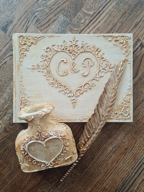 Custom 3D Baroque Wedding Guest Book, Personalized Vintage Monogram Keepsake