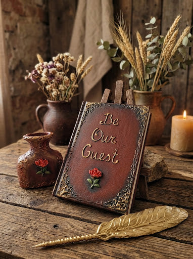 A rustic decorative sign reading 'Be Our Guest' in raised lettering, styled on a wooden table with dried flowers, small vases, a candle, and a gold feather quill in a warm, rustic setting.