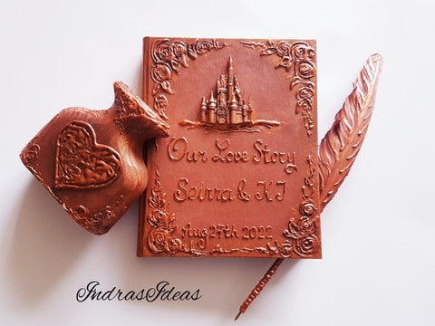 Rustic, copper wedding guest book with castle. Book and set -book, feather pen and penholder