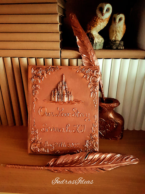 Rustic, copper wedding guest book with castle. Book and set -book, feather pen and penholder