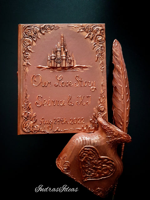 Rustic, copper wedding guest book with castle. Book and set -book, feather pen and penholder
