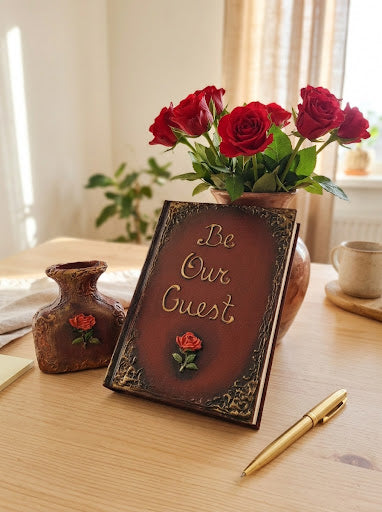 A decorative leather-style sign or notebook with the words 'Be Our Guest' in gold lettering, displayed on a wooden table with red roses in a vase, a small vase, and a gold pen nearby.