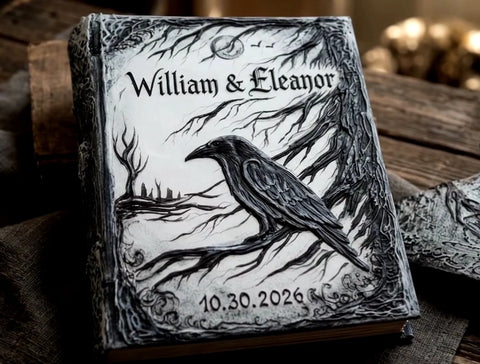 A hardcover keepsake book with a detailed black and white illustration of a raven perched on branches, with the names 'William & Eleanor' and the date '10.30.