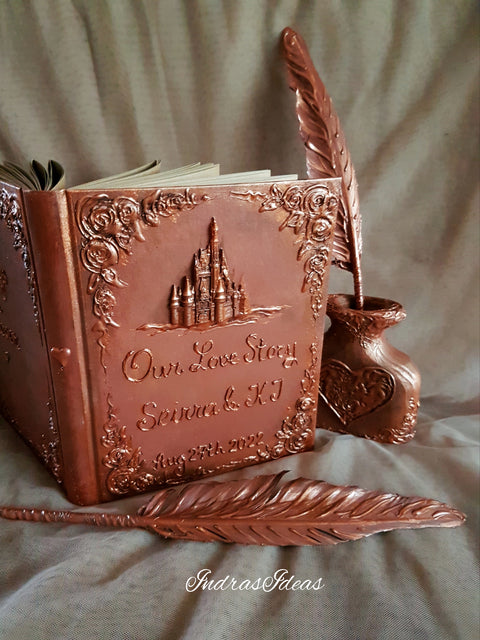 Rustic, copper wedding guest book with castle. Book and set -book, feather pen and penholder