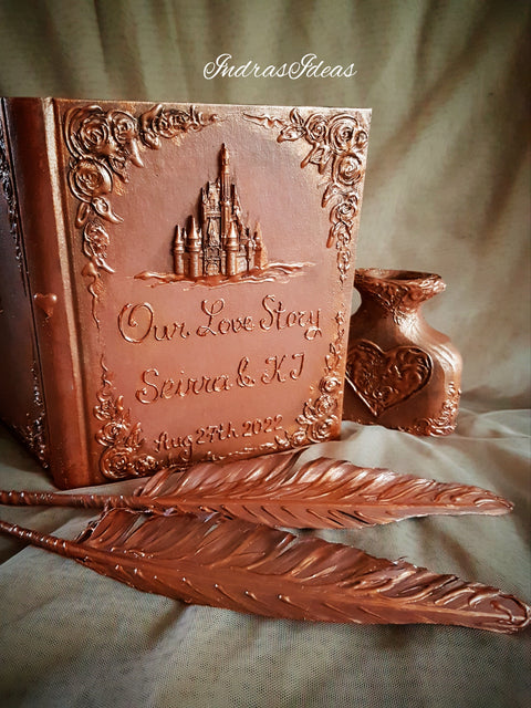 Rustic, copper wedding guest book with castle. Book and set -book, feather pen and penholder