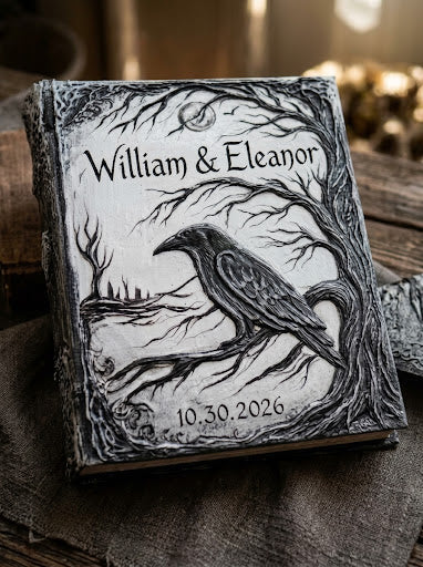 A decorative hardcover book or journal with a dark engraved cover featuring a raven, bare tree branches, and the text 'William & Eleanor' and '10.30.