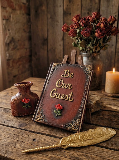 A rustic wooden sign with ornate gold lettering that reads 'Be Our Guest' and a small red rose, displayed on a wooden table with dried roses, a candle, and a gold feather quill in a styled setting.