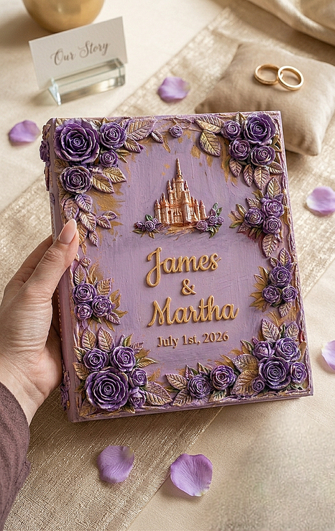 Personalized Purple Fairy Tale Wedding Guest Book – 3D Castle & Floral Memory Book