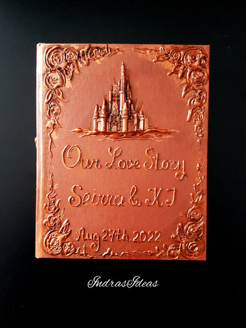 Rustic, copper wedding guest book with castle. Book and set -book, feather pen and penholder