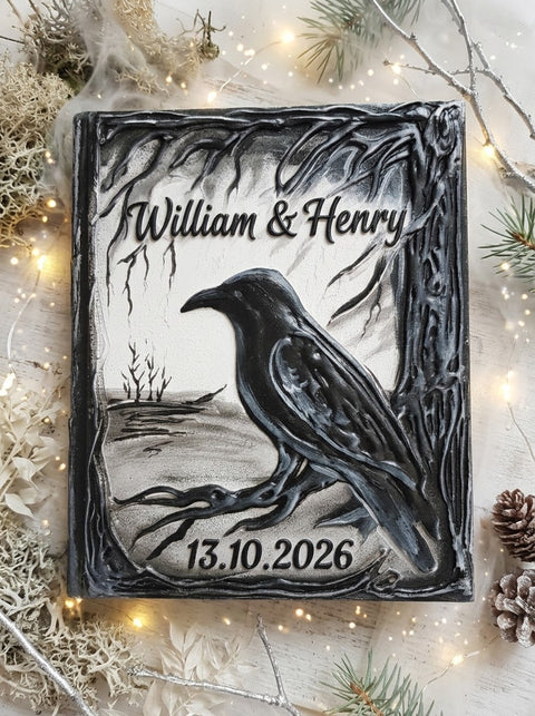 Handmade 3D sculpted raven wedding guest book personalized with names and date