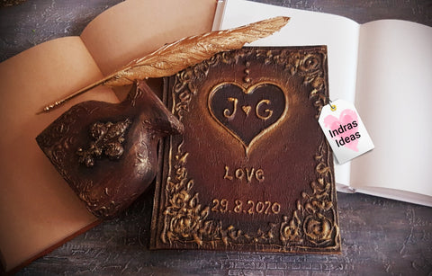 Personalized rustic heart wedding guest book set, with initials and date.