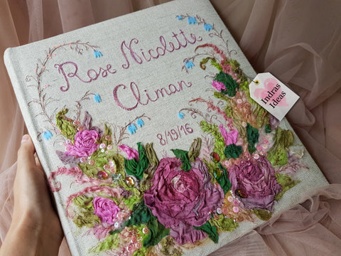 Embroidered Classic style photo Album with names. Cotton and silk ribbon flowers. Customizable Bouquet. Individual Names