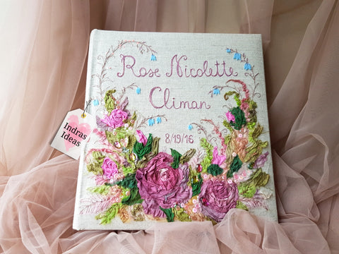 Embroidered Classic style photo Album with names. Cotton and silk ribbon flowers. Customizable Bouquet. Individual Names