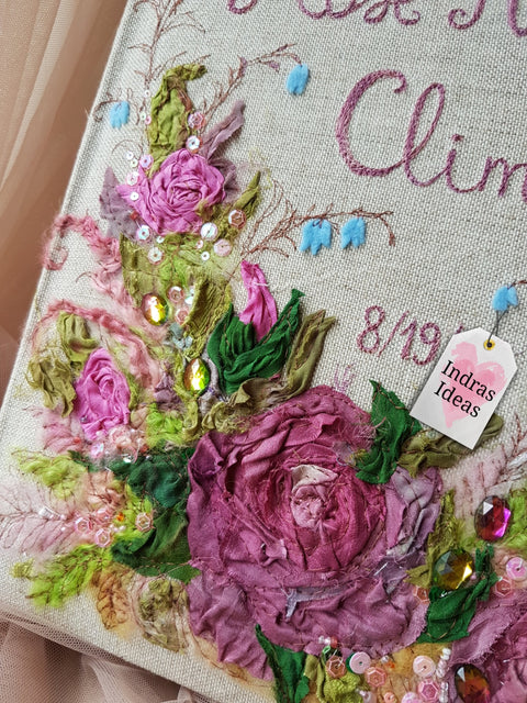 Embroidered Classic style photo Album with names. Cotton and silk ribbon flowers. Customizable Bouquet. Individual Names