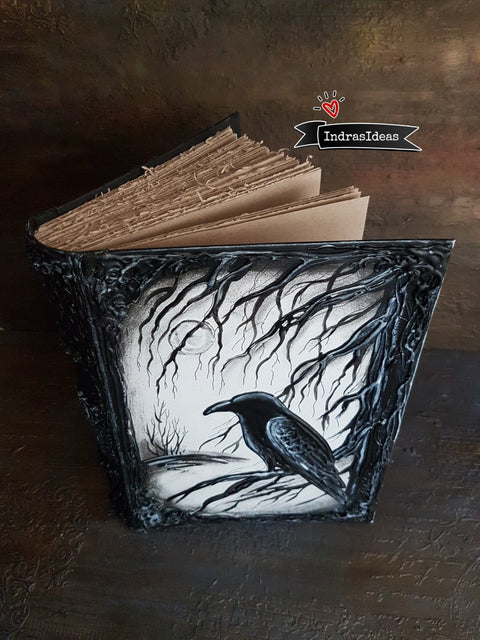Black raven book with hand torn pages, magic diary, pagan wedding guestbook