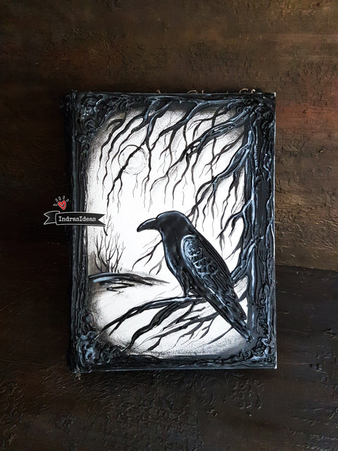 Black raven book with hand torn pages, magic diary, pagan wedding guestbook