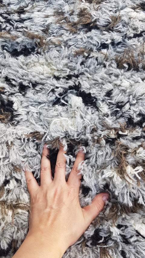 Super fluffy gray+brown+white+black rug, Hand woven Eco Rug, Wool Carpet, Rustic Handwoven wool rug