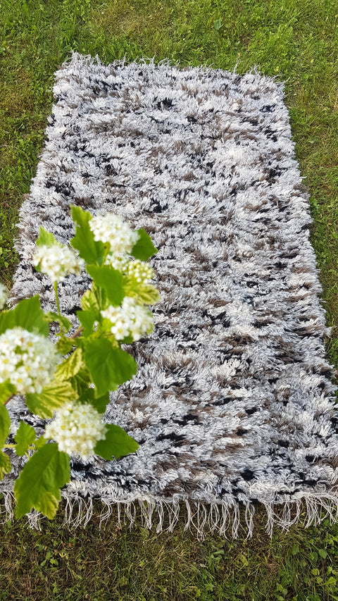 Super fluffy gray+brown+white+black rug, Hand woven Eco Rug, Wool Carpet, Rustic Handwoven wool rug