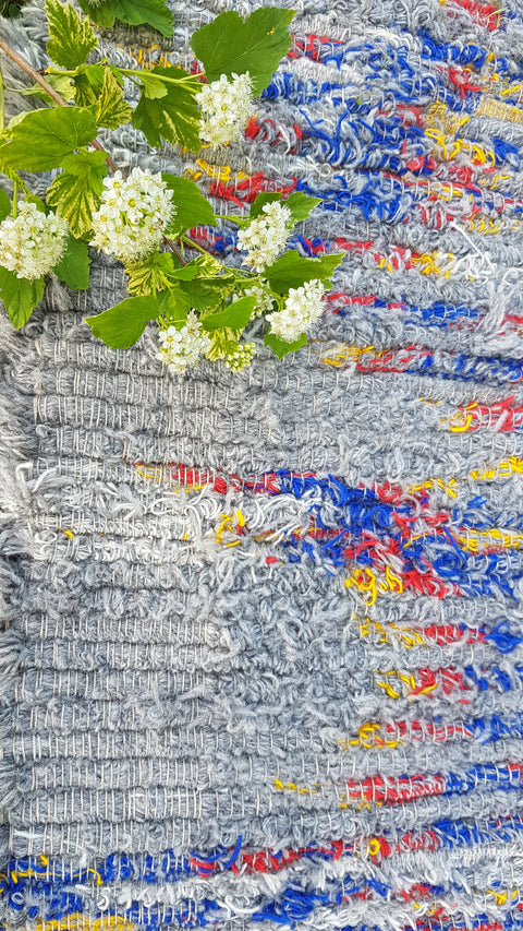 Colorful hand woven wool rug, Gray, blue, yellow woven rug, bohemian rug.