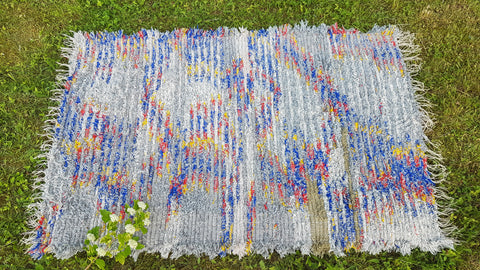 Colorful hand woven wool rug, Gray, blue, yellow woven rug, bohemian rug.