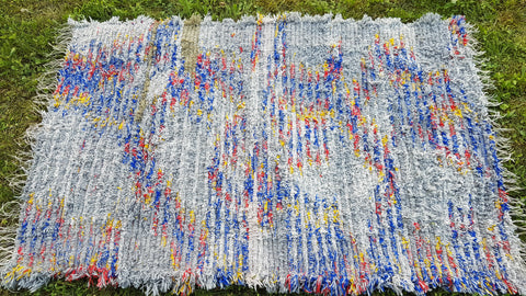 Colorful hand woven wool rug, Gray, blue, yellow woven rug, bohemian rug.