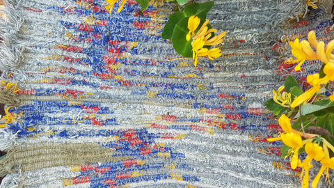 Colorful hand woven wool rug, Gray, blue, yellow woven rug, bohemian rug.