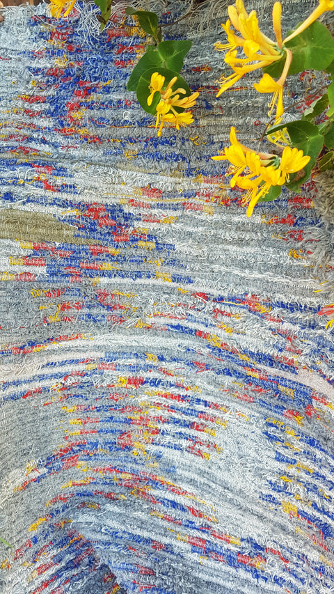 Colorful hand woven wool rug, Gray, blue, yellow woven rug, bohemian rug.