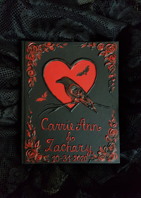 Black crow in red heart and bats. Black heart guest book. S book and set.