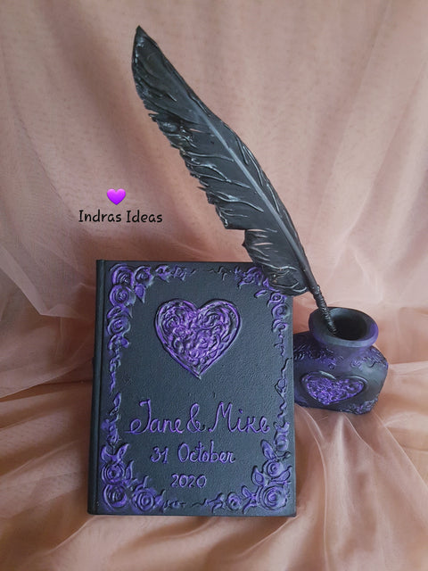 Black guest book with Purple heart wedding guest book Set. Custom wedding Guest Book with a Feather Pen and Penholder