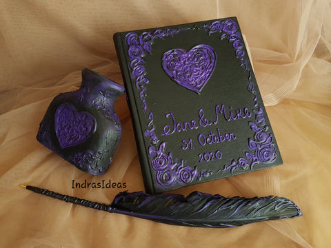 Black guest book with Purple heart wedding guest book Set. Custom wedding Guest Book with a Feather Pen and Penholder