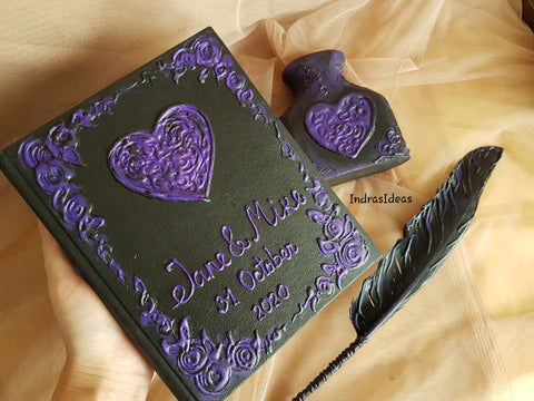 Black guest book with Purple heart wedding guest book Set. Custom wedding Guest Book with a Feather Pen and Penholder