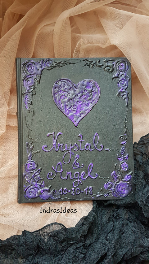 Black guest book with Purple heart wedding guest book Set. Custom wedding Guest Book with a Feather Pen and Penholder