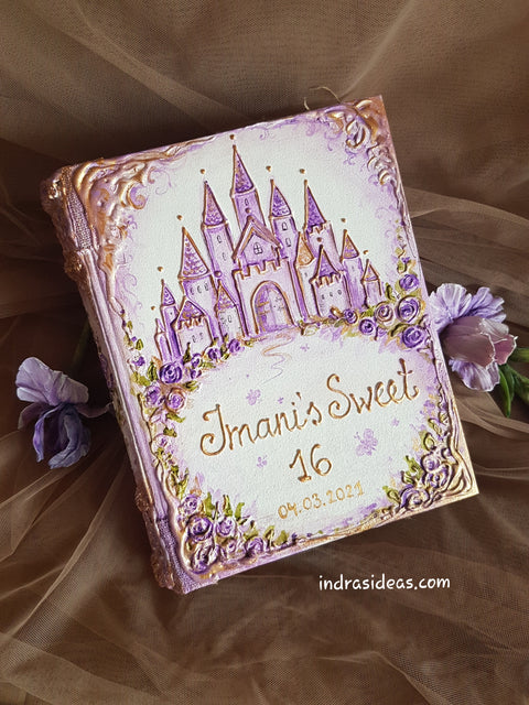 Lavender sweet sixteen Guest book, purple Quinceanera guest book with romantic castle. Small and Large kraft book and set.