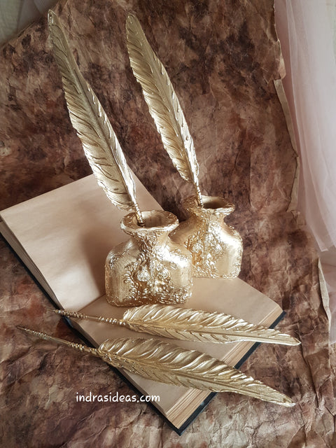 Gold feather Pen and Penholder Set