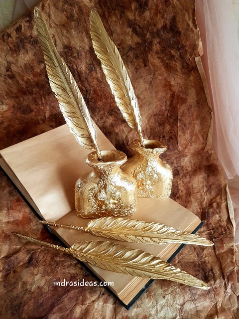 Gold feather Pen and Penholder Set