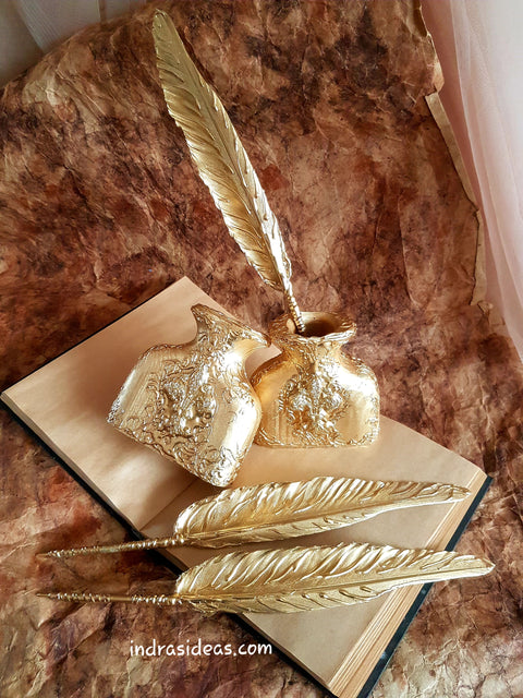 Gold feather Pen and Penholder Set
