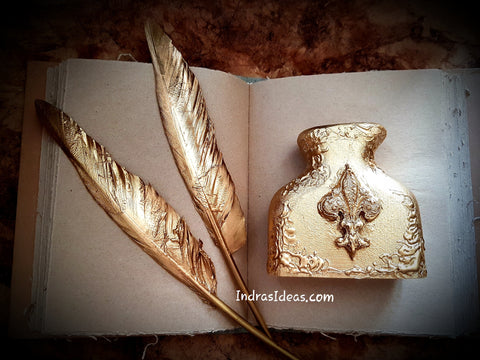Gold feather Pen and Penholder Set