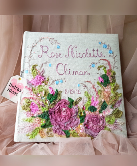 Embroidered Classic style photo Album with names. Cotton and silk ribbon flowers. Customizable Bouquet. Individual Names