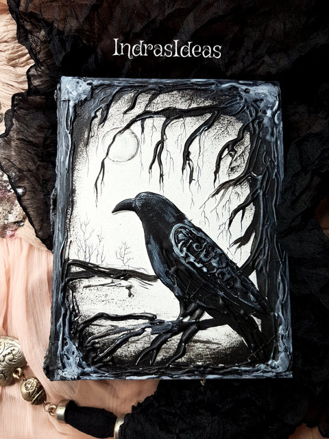 Black raven book with hand torn pages, magic diary, pagan wedding guestbook