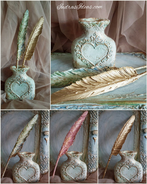 Golden, mint or pink Feather ballpoint pen and wooden penholder set