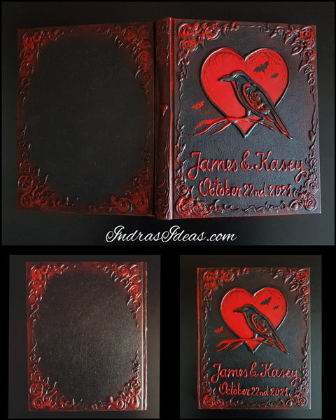 Black crow in red heart and bats. Black heart guest book. S book and set.