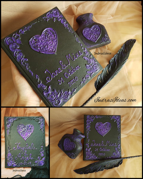 Black guest book with Purple heart wedding guest book Set. Custom wedding Guest Book with a Feather Pen and Penholder