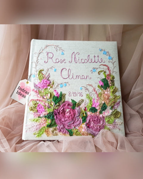 Embroidered Classic style photo Album with names. Cotton and silk ribbon flowers. Customizable Bouquet. Individual Names