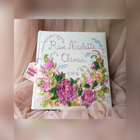 Embroidered Classic style photo Album with names. Cotton and silk ribbon flowers. Customizable Bouquet. Individual Names