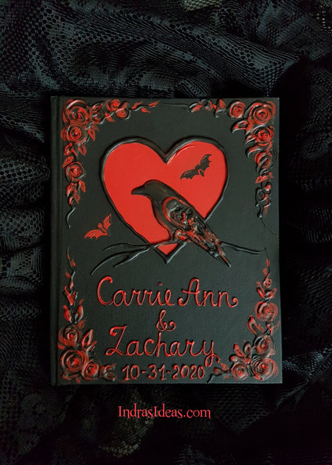 Black crow in red heart and bats. Black heart guest book. S book and set.