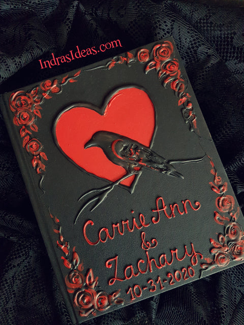 Black crow in red heart and bats. Black heart guest book. S book and set.