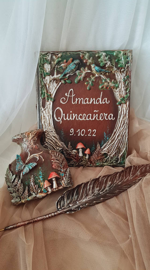 Guest book-Quinceanera with two birds in a fairy forest, All Sizes Book and Set